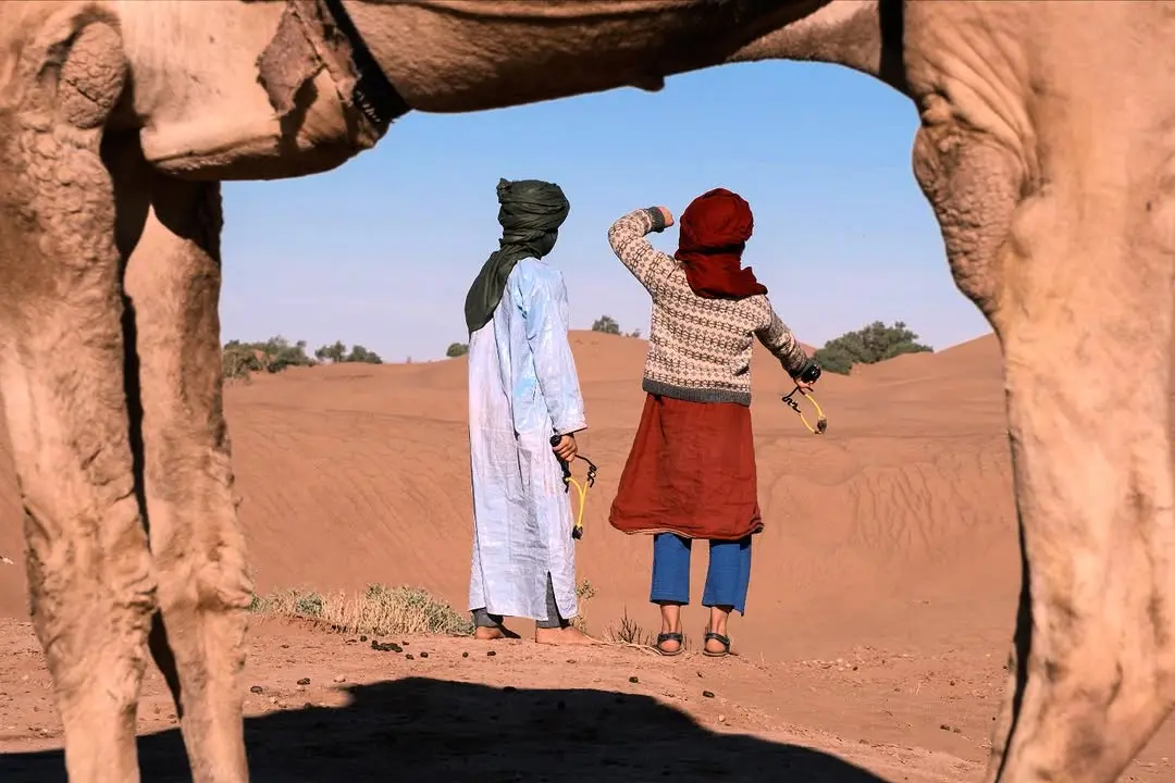 Two people stand beneath a camel arch and look across red desert dunes.